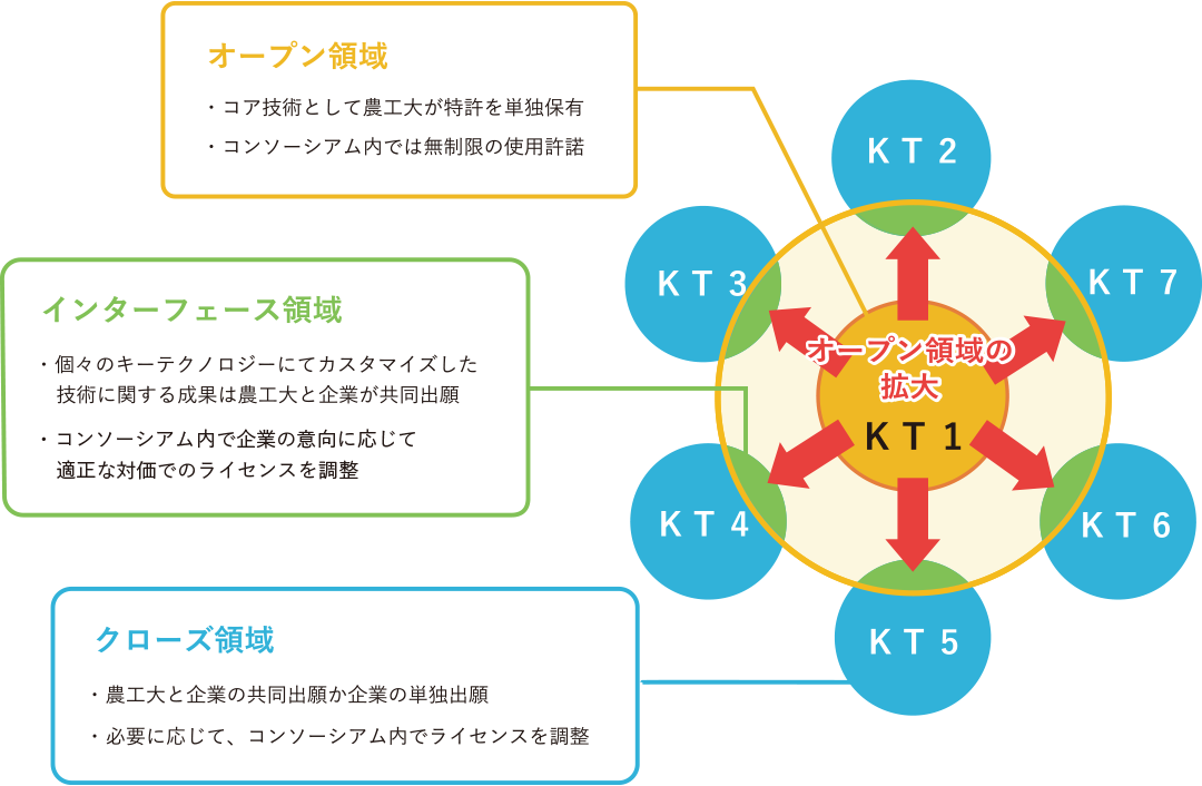 知的財産の取扱いルールについて、オープン領域とインターフェース領域、クローズ領域から説明した図